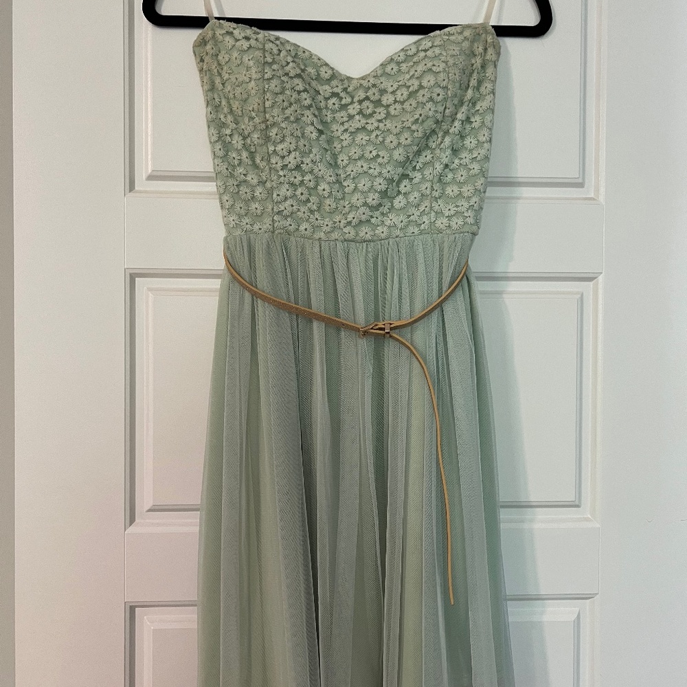 Sage green strapless mini dress with gold belt - size medium